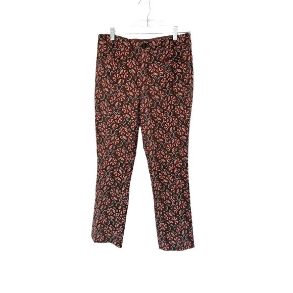 Anthropologie Brown Orange Floral The Essential Slim Crop Trouser Pants Size 6 - Picture 1 of 11